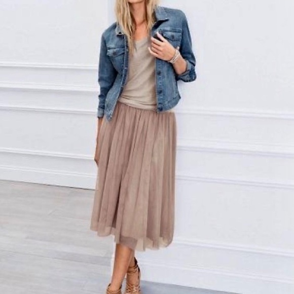 GARNET HILL Prima Tulle Midi Skirt Dotted Mesh Mauve Blush Elastic Waist X-Small - Picture 7 of 16